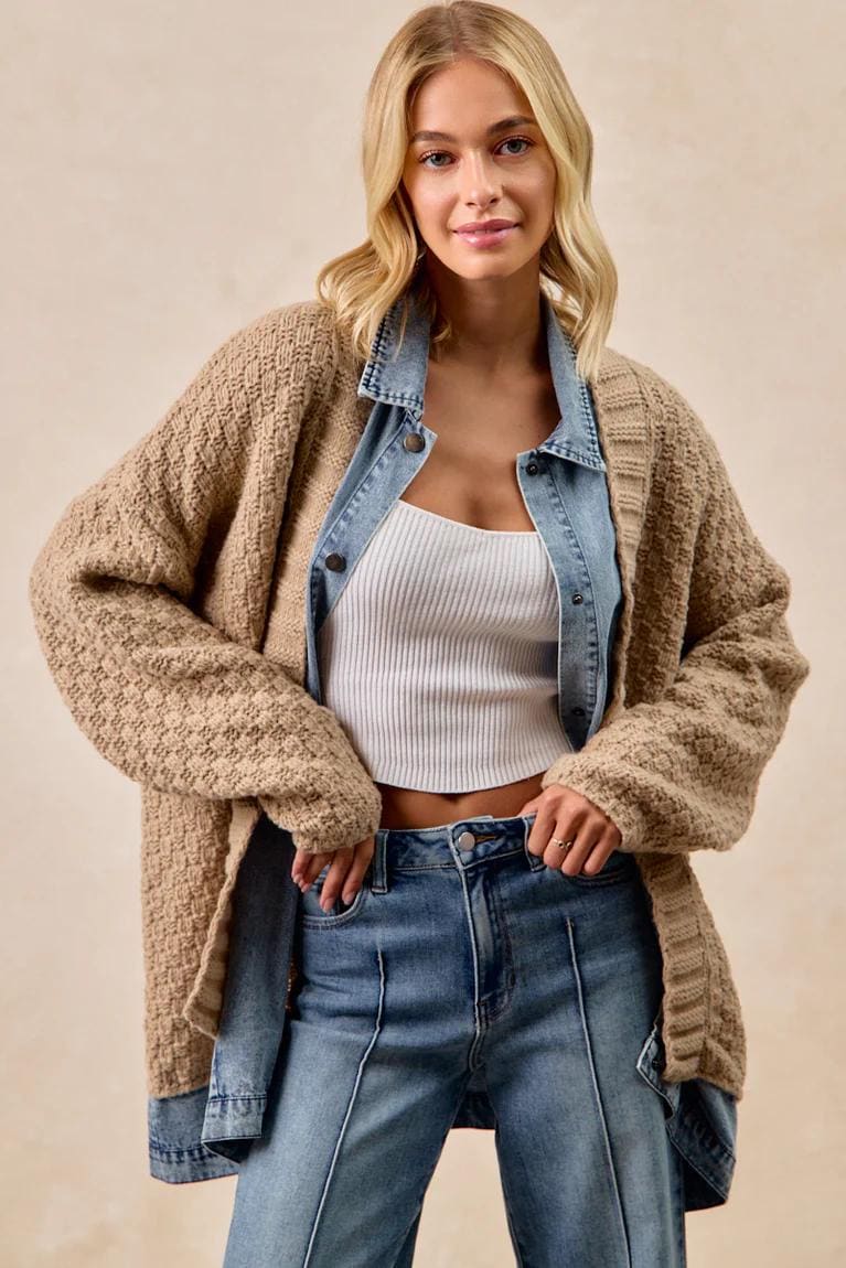 Long Cardigan Sweater With Washed Denim: Jean Patchwork