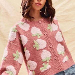 Mauve Strawberry Cardigan: Buttonup Soft Knit Sweater